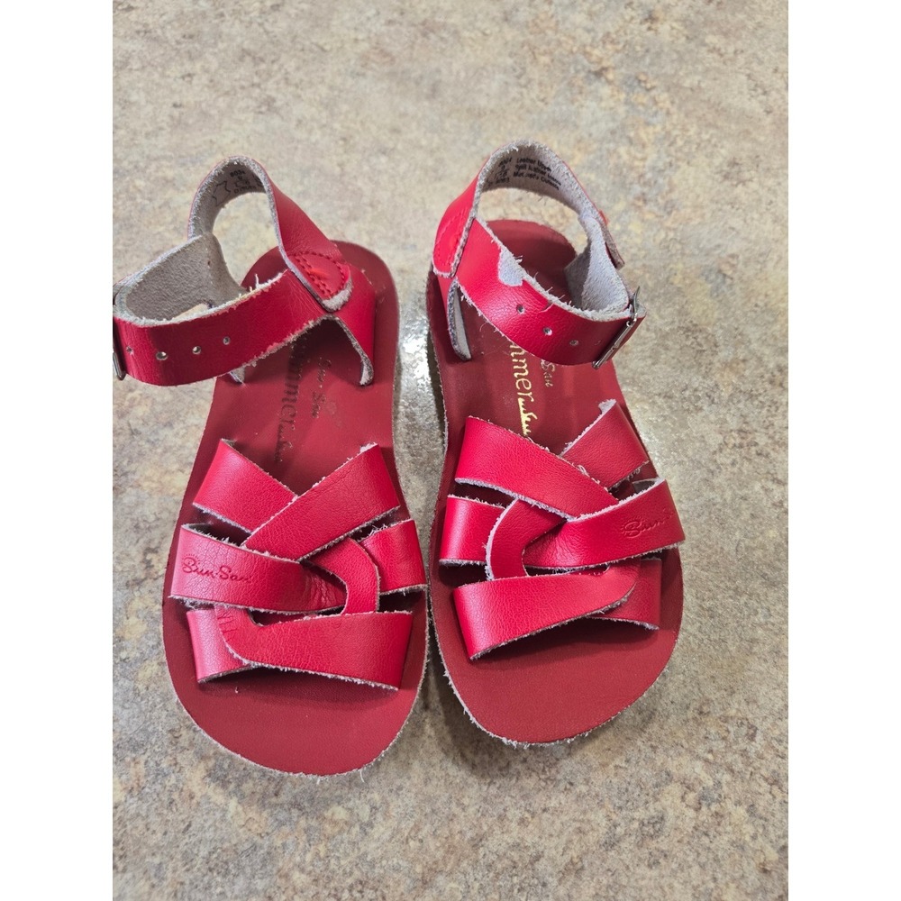 Sun-San Hoy Shoe Swimmer Sandals Kids Size 9 Red‎ Leather New w/ Flaw